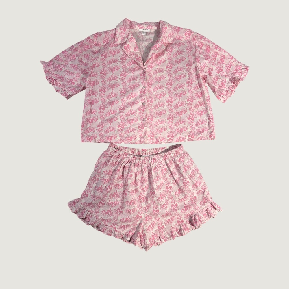 Topshop Pajama Set Womens S Pink Hibiscus Tropical Ruffle Cotton